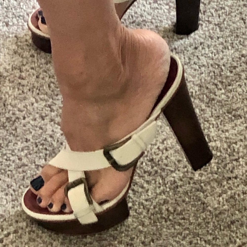 Giuseppe Zanotti ‘Vintage’ double buckle, high wood heel slides.